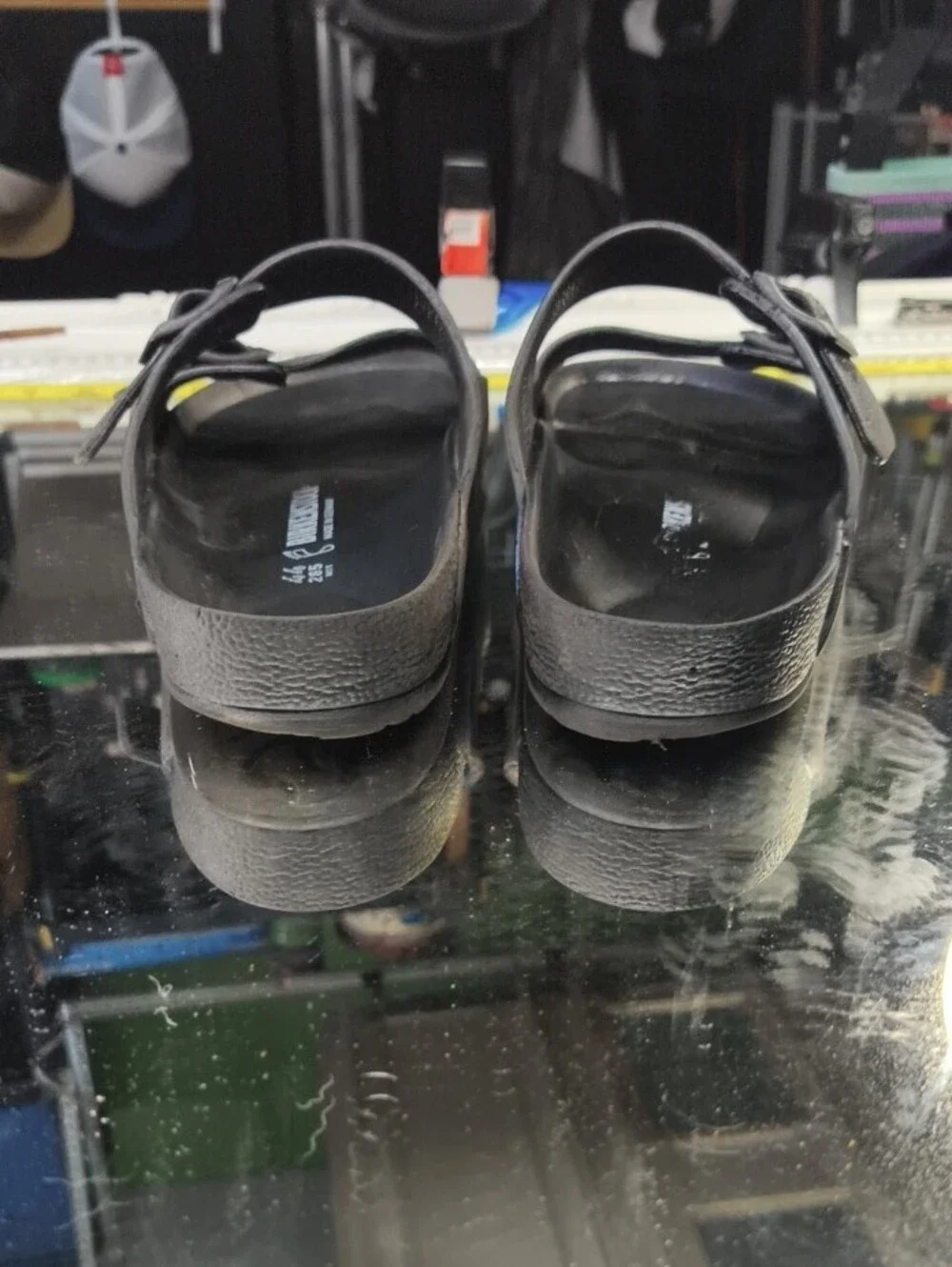 Mens 11 black Birkenstock Arizona EVA sandals,  lightweight two-strap Design.